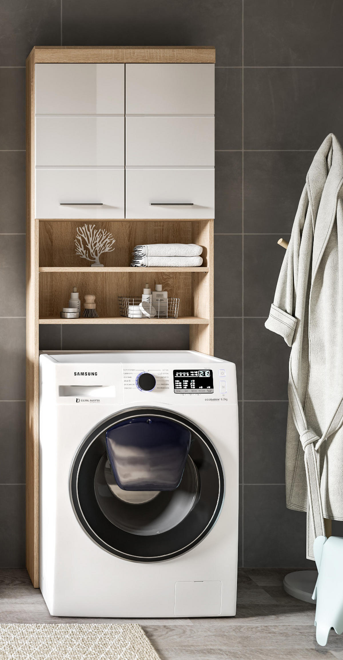 WASCHMASCHINENSCHRANK weiß Hochglanz, Eiche 63 cm, Überbau mit 6 Fächern - Weiß Hochglanz/Eichefarben, Holzwerkstoff/Kunststoff (63/191/24cm) - Inn.Furn