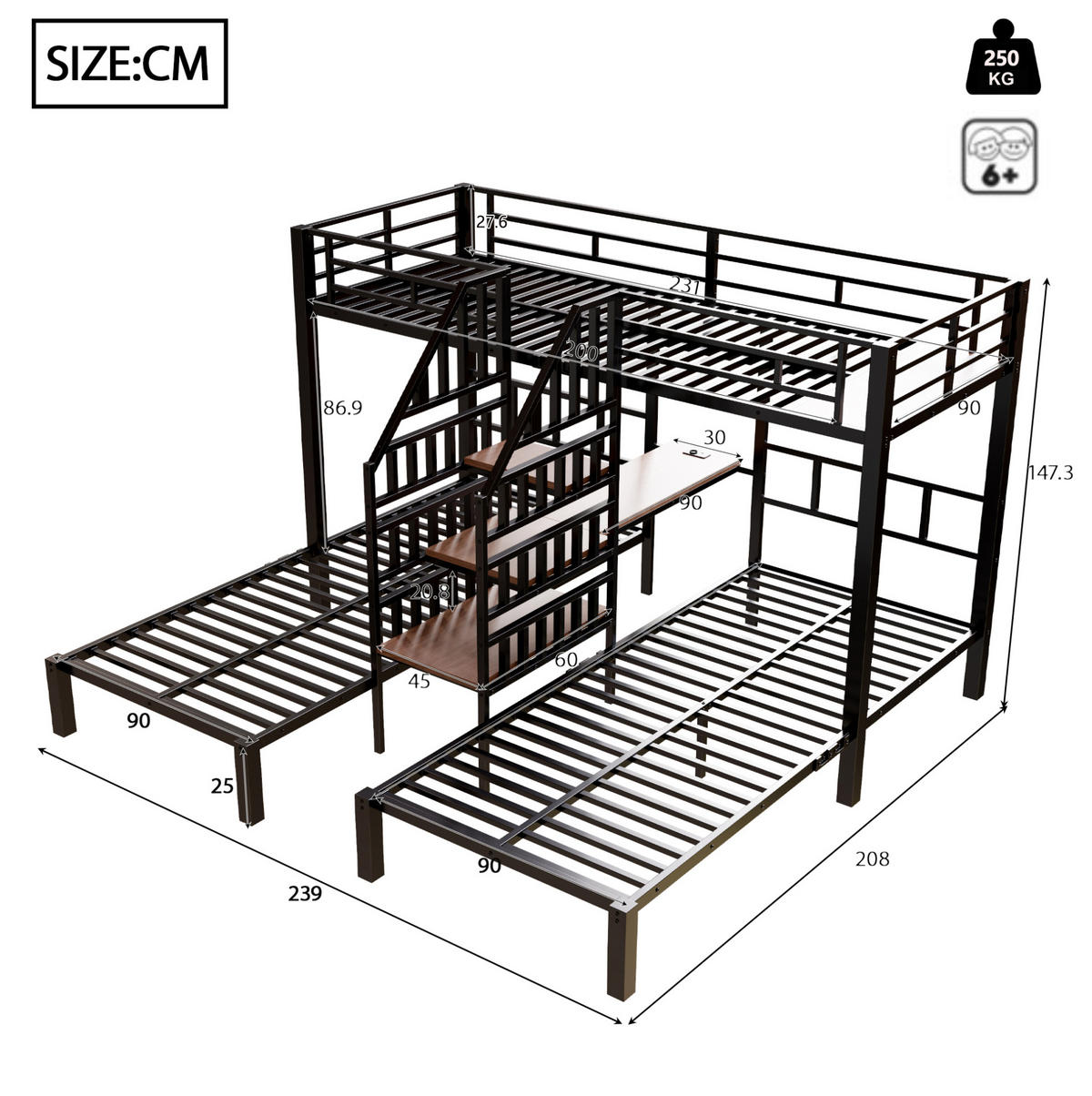 ETAGENBETT aus Metall und MDF 90x200 cm Schwarz mit LED, Schreibtisch, Stauraumtreppe, Regal, USB und Steckdose - Schwarz, Metall (90/200cm) - Modfu