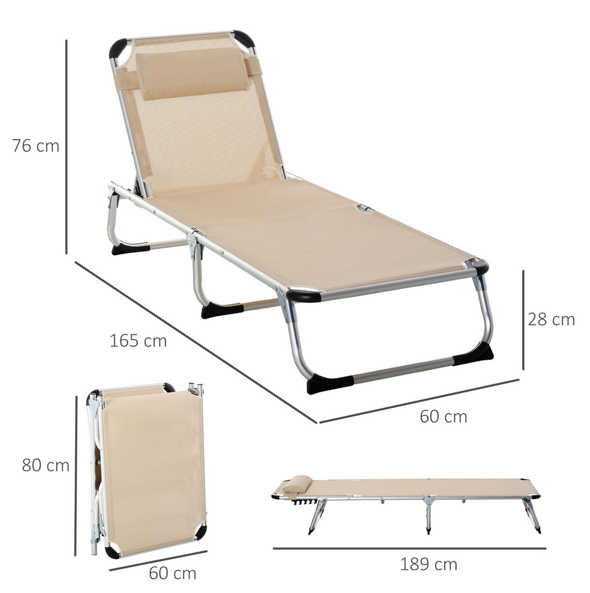 GARTENLIEGE 189/60/28 cm Beige aus Aluminium faltbar verstellbar - Beige, Metall (165/76/60cm) - OKWISH