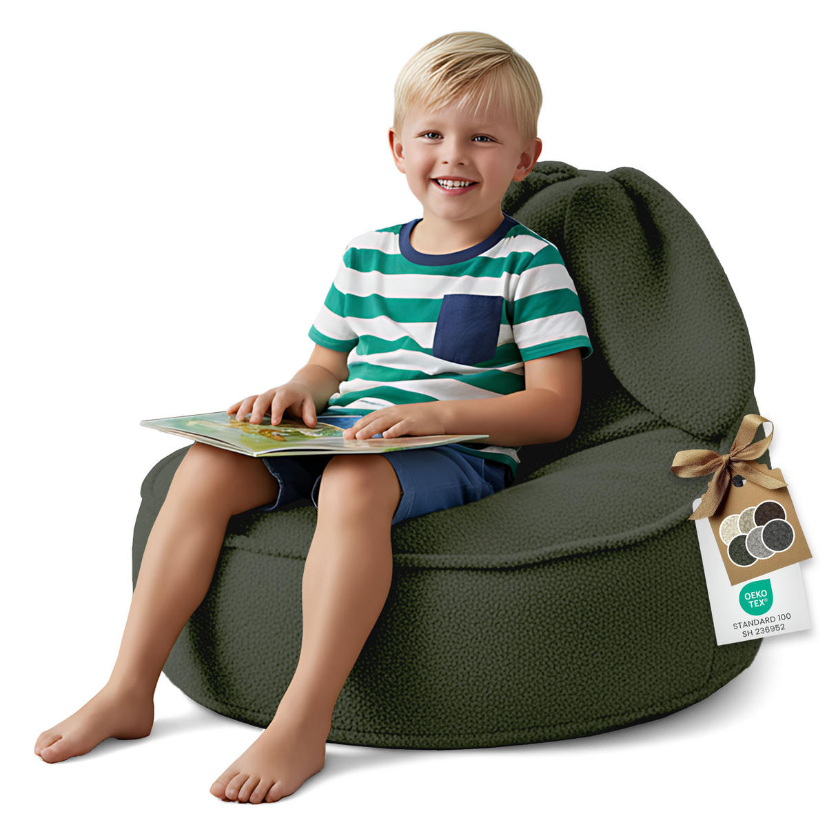 SITZSACK FÜR KINDER Hase 75/75/55 cm, weicher Bouclé 315 g/m², abnehmbarer Bezug, Forest Whisper - Dunkelgrün, Textil (75/55/75cm) - Dreamroots