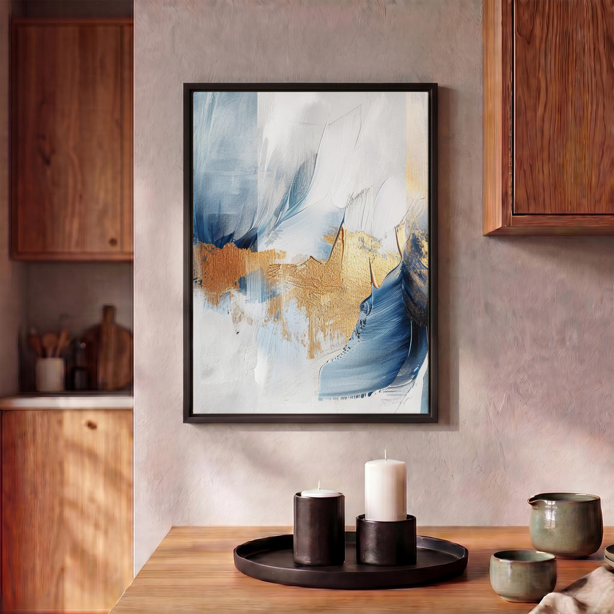 LEINWAND Bilder mit Rahmen - Gold - Blau - Aquarell - Kunst - Modern - 30x40 - Hellblau, Textil (30/40cm) - MuchoWow