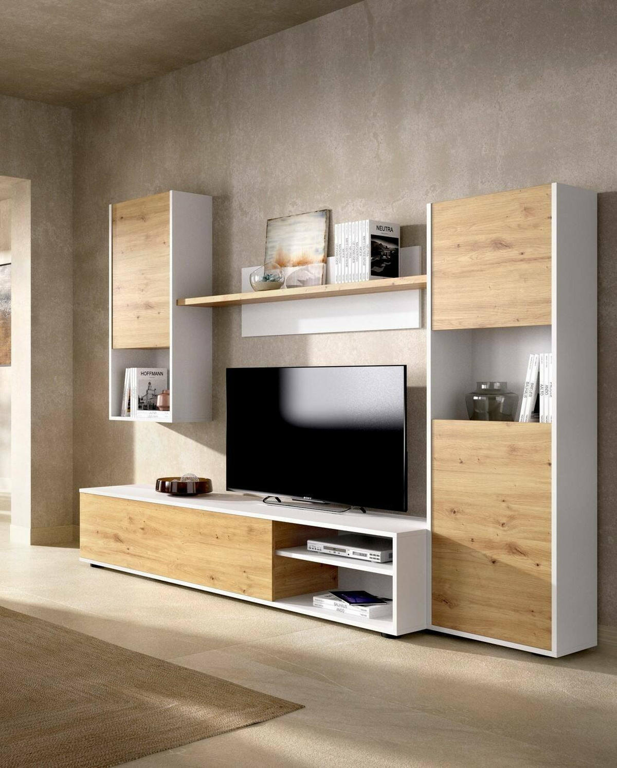 WOHNWAND Holz-Effekt Geknotete Eiche, Weiß 41x220h180 - Braun, Holzwerkstoff (220/180/41cm) - DMORA