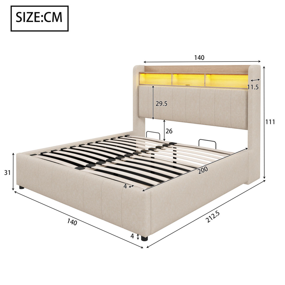 POLSTERBETT 140/200 cm mit Bettkasten, LED-Beleuchtung und USB in Beige - Beige, Textil (140/200cm) - BEAOK