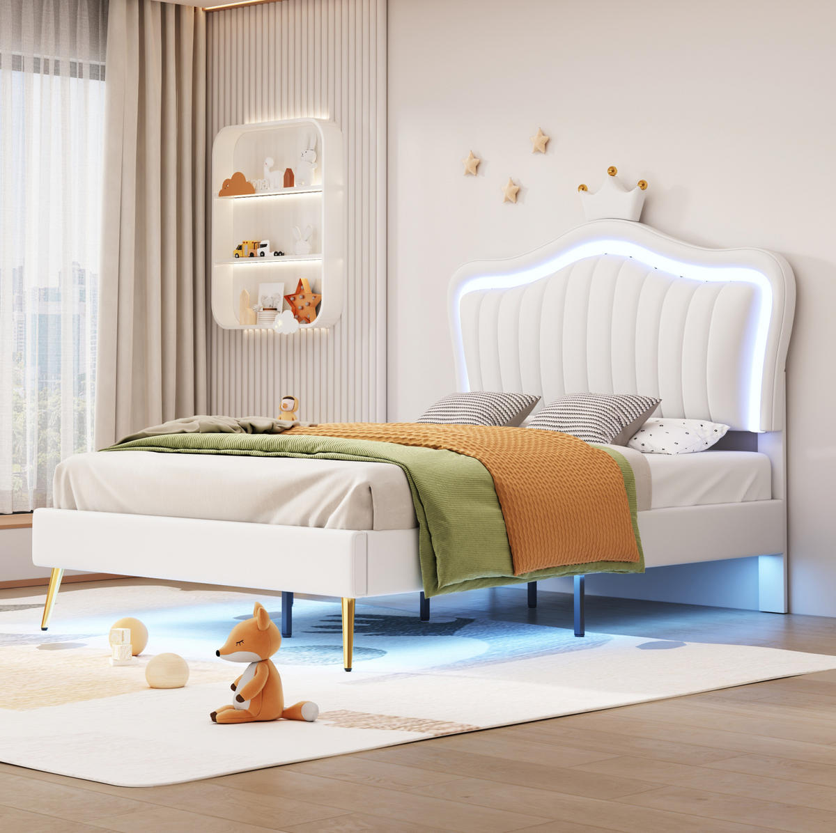 KINDERPOLSTERBETT 90/200 cm Muschel-Kronen-Kopfteil mit LED, Weiß, ohne Matratze - Weiß, Leder (90/200cm) - MIVRAY