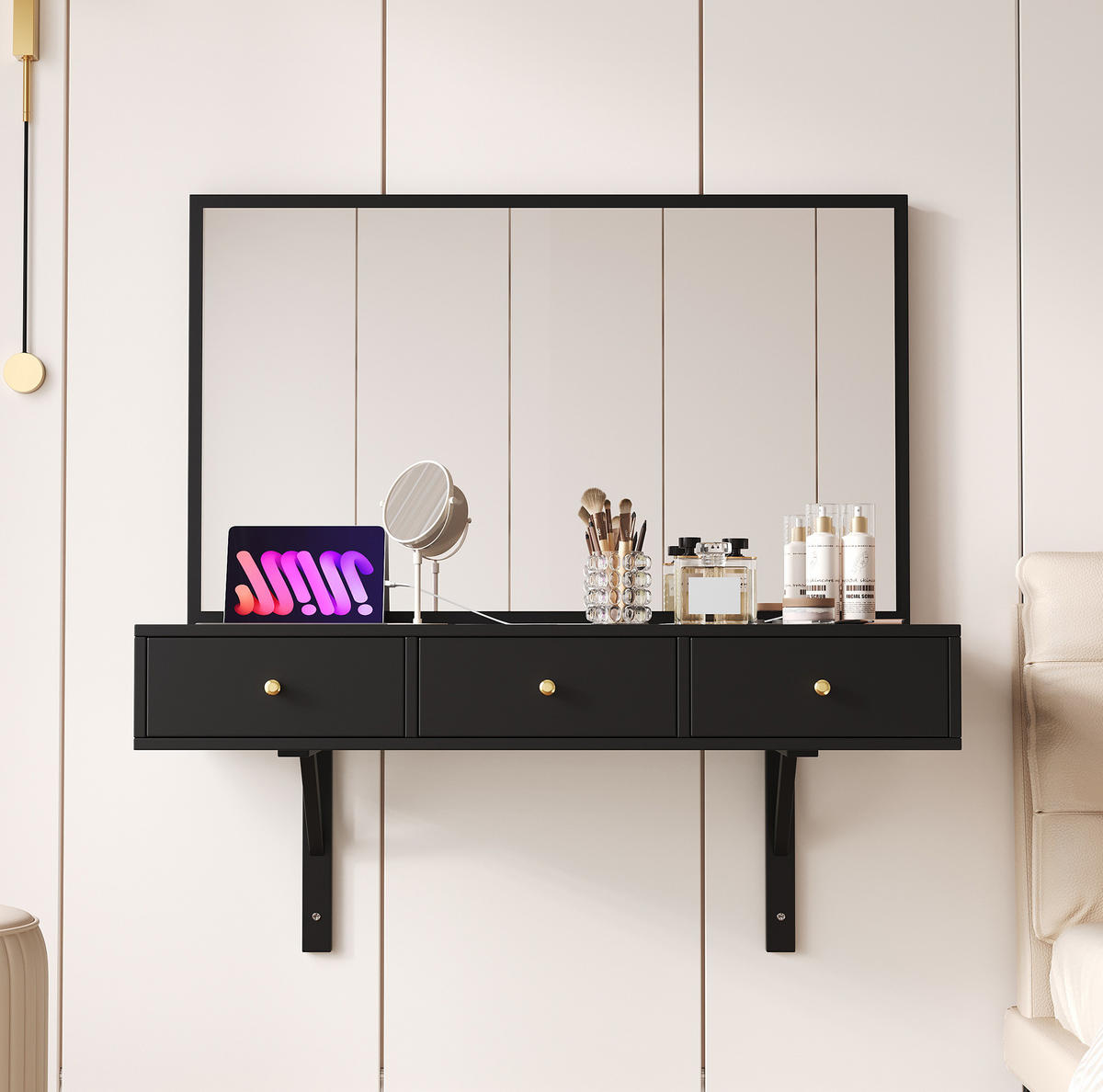 SCHMINKTISCH 100/45/105 cm mit Spiegel, 3 Schubladen, Steckdosenleiste und Getränkehalter, Schwarz - Schwarz, Holzwerkstoff (45/105/100cm) - Redom