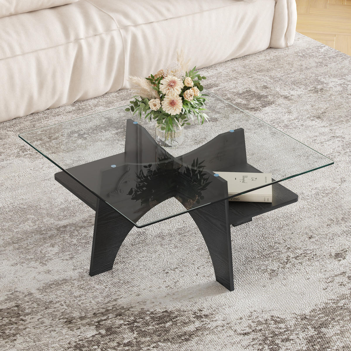 COUCHTISCH 80/80/40 cm mit Ablagefach und Sicherheitsglasplatte, MDF in schwarzer Holzoptik/Transparent - Schwarz, Holzwerkstoff (80/80/40cm) - Redom