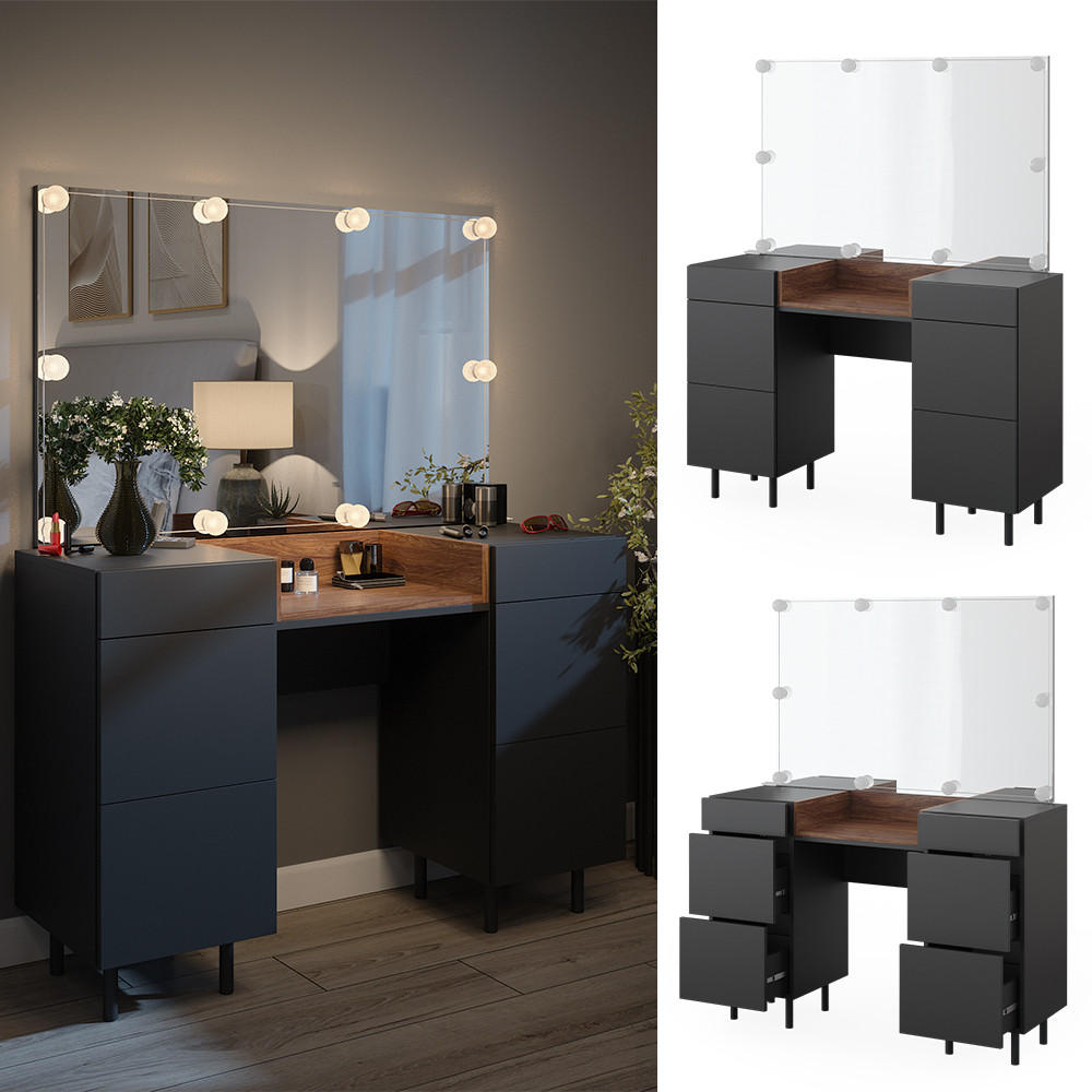 SCHMINKTISCH Anika Anthrazit 120 cm mit LED Beleuchtung - Anthrazit/Walnussfarben, Holzwerkstoff (120/80/40cm) - Vicco