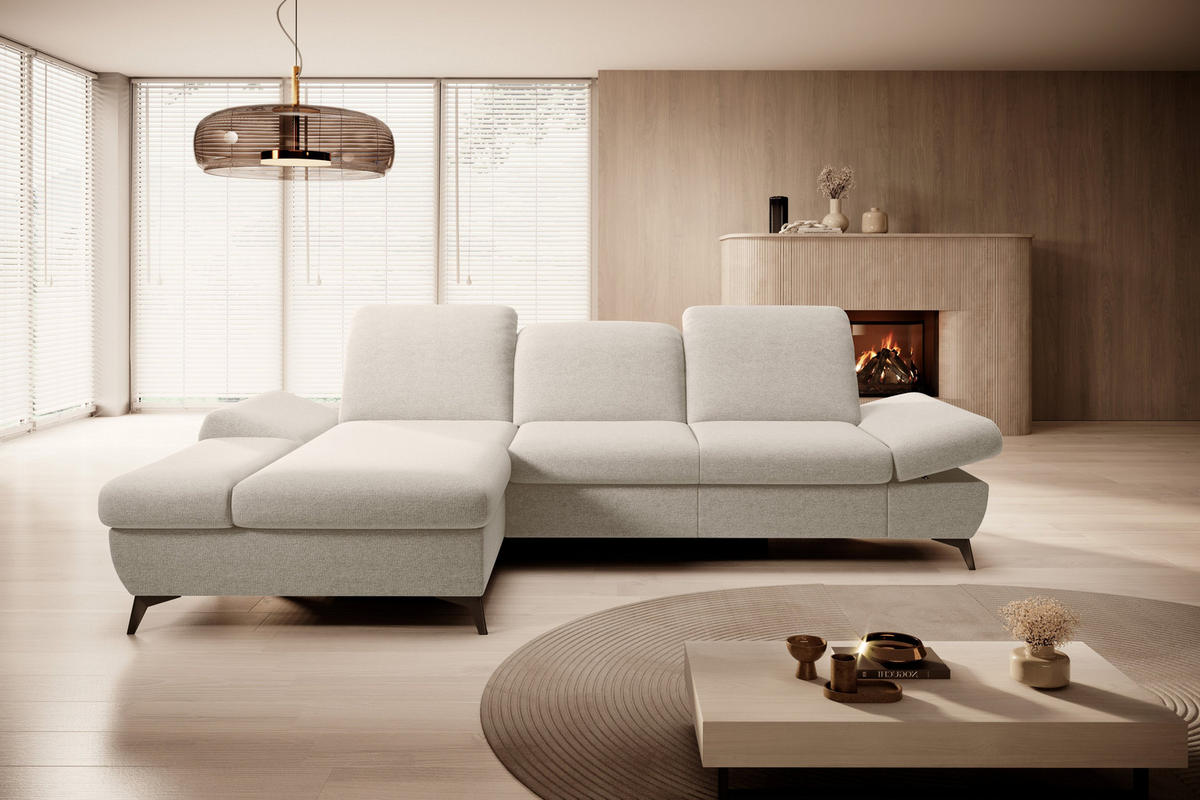 ECKSOFA FELICE L-S Creme Geflochtener Stoff mit Schlaffunktion - Creme, Holz (284/166cm) - MASSENO