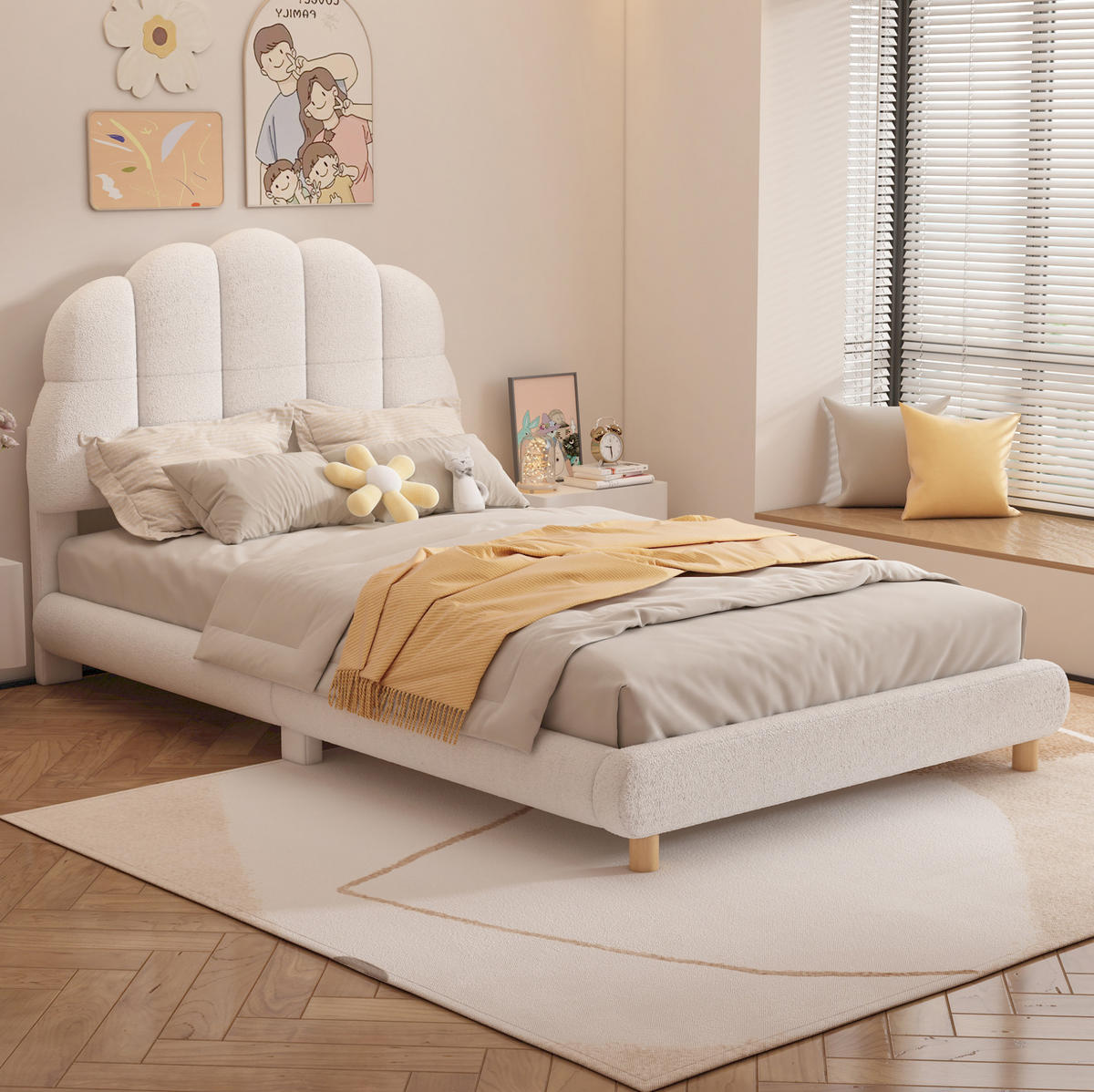 KINDERBETT 90/200 cm aus Plüsch und MDF mit blumenförmigem Kopfteil Weiß - Weiß, Textil (90/200cm) - Modenvie