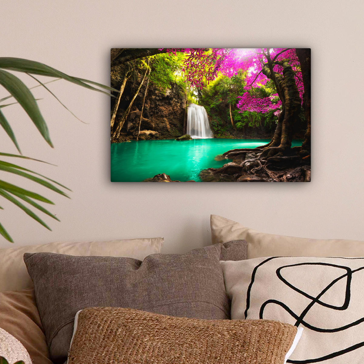 LEINWANDBILD Wasserfall mit bunten Blumen und Bäumen - Natur - Dschungel Deko Schlafzimmer 30x20 cm - Waldgrün, Textil (30/20cm) - MuchoWow