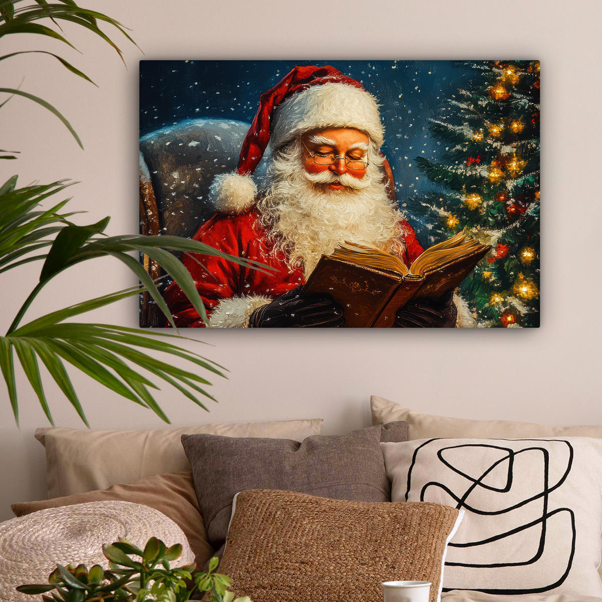 LEINWANDBILD Weihnachtsmann - Weihnachten - Winter - Weihnachtsbaum Wanddeko 90x60 cm - Bordeaux, Textil (90/60cm) - MuchoWow