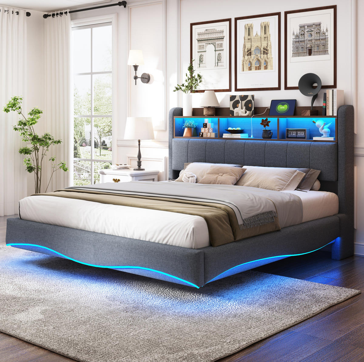 POLSTERBETT 160/200 cm Grau mit LED-Beleuchtung, Stauraum und USB- und Type-C-Anschlüssen - Grau, Textil (160/200cm) - Flora Grace