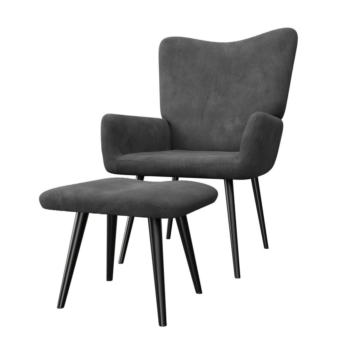 OHRENSESSEL Odense mit Hocker Cord Grau - Grau, Textil (68/95/73cm) - Juskys