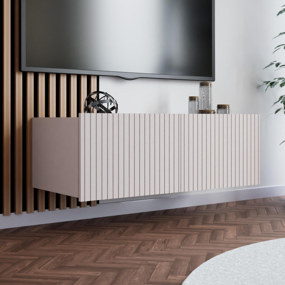 TV-LOWBOARD Kolder 100 cm Kaschmir mit geriffelten Fronten - Kaschmir/Silberfarben, Holzwerkstoff/Kunststoff (100/38/43cm) - Ravio