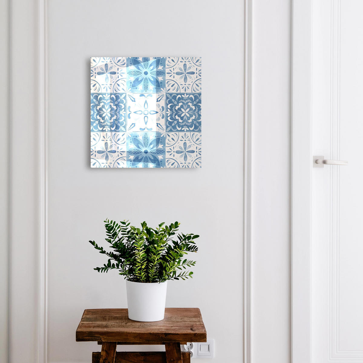 SCHLÜSSELBOX Weiß 30x30 cm – Türöffnung nach rechts - Geometrische Fliesen - Blau, Metall (30/30/5cm) - TULUP