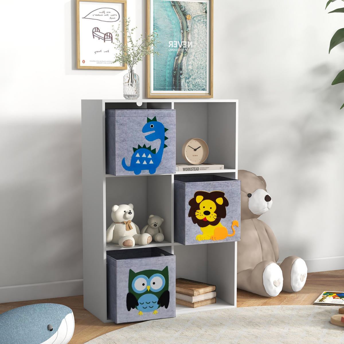 KINDERREGAL Kinder Bücherregal mit 3 Aufbewahrungsboxen für Kinderzimmer Weiß - Weiß, Holzwerkstoff/Textil (29.9/91.5/61.8cm) - ZONEKIZ