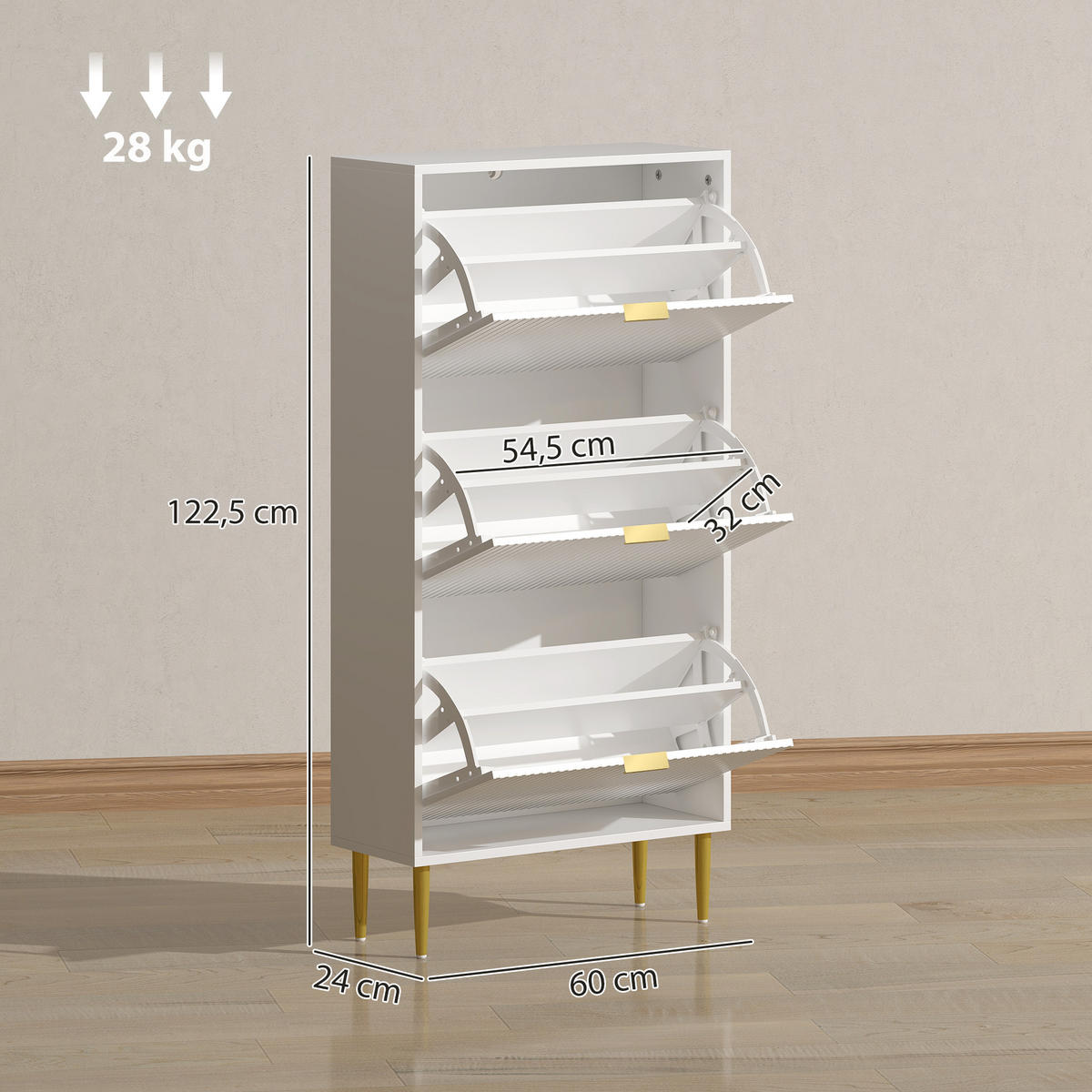 SCHUHSCHRANK DE-15040 3 Klapptüren mit Rillenfront & verstellbaren Böden Weiß - Weiß, Holzwerkstoff (60/128/24cm) - ComfortXL