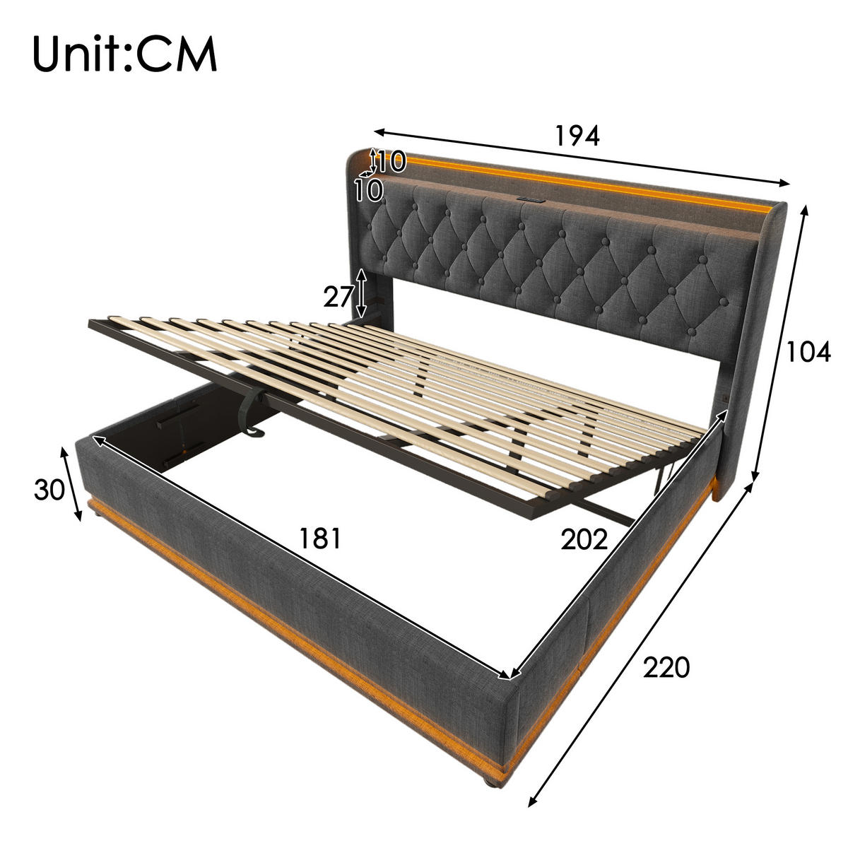 POLSTERBETT 180/200 cm mit hydraulischem Bettkasten, 360° LED und USB/Typ-C im Kopfteil,Grau - Grau, Textil (180/200cm) - Redom