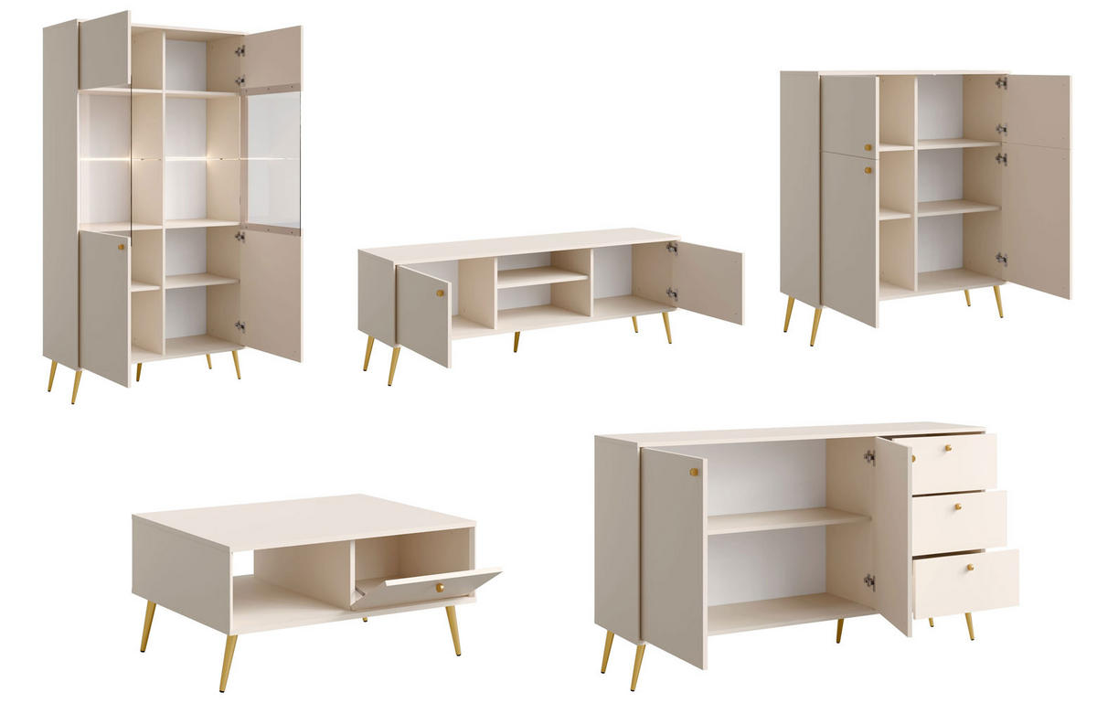 WOHNZIMMER SET 5-TEILIG Rose sandbeige 522,5 / 66 / 191cm - Beige/Goldfarben, Holzwerkstoff/Metall (523/191/66cm) - Feldmann-Wohnen