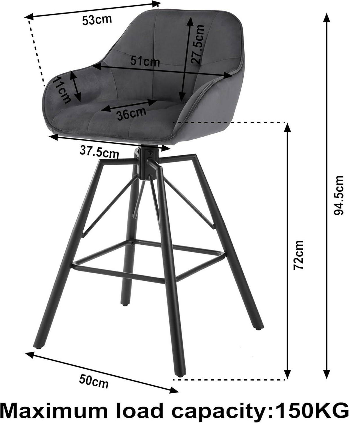 BARHOCKER 4er Set, Samt, Metall, Dunkelgrau - Dunkelgrau/Schwarz, Textil/Metall (51/94.5/53cm) - Woltu