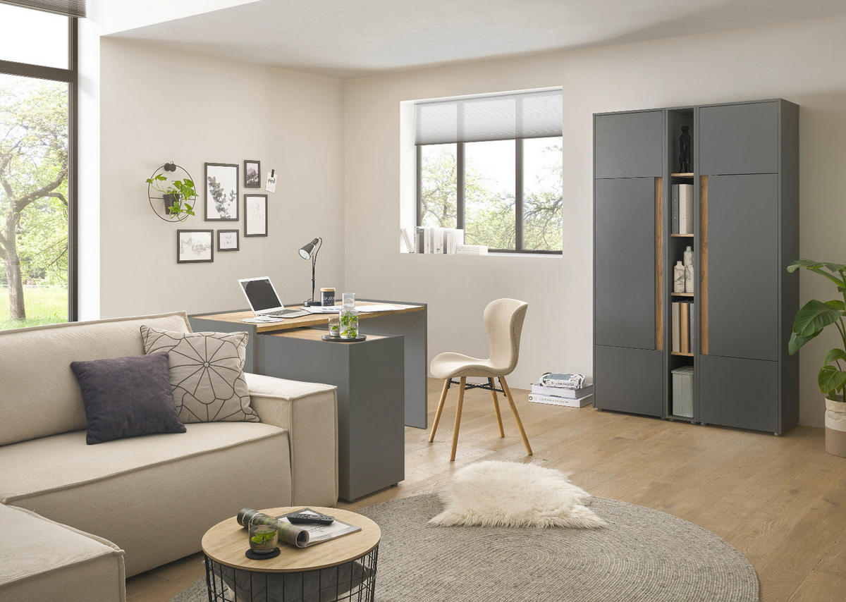 SCHREIBTISCHKOMBINATION 6-teilig grau matt, Eiche Wotan, Büromöbel Set mit viel Stauraum - Eichefarben/Schwarz, Holzwerkstoff/Kunststoff (140/263/200cm) - Furn.Design