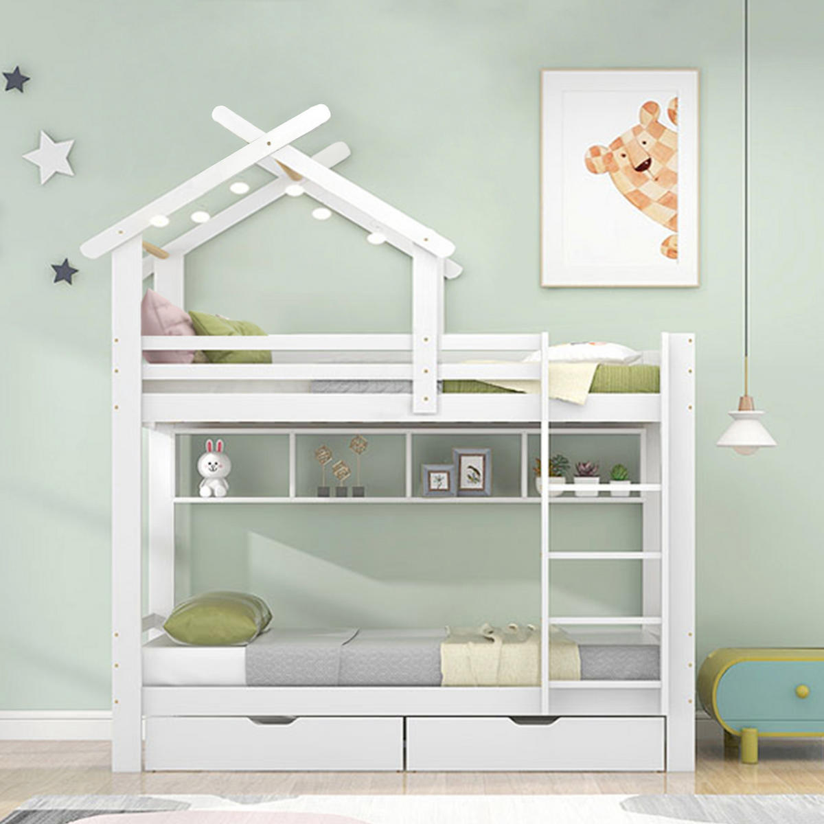 ETAGENBETT aus Kiefer und MDF 90x200 cm Weiß mit Schubladen, Regalen, Fallschutz und Leiter - Weiß, Holzwerkstoff (90/200cm) - Modfu
