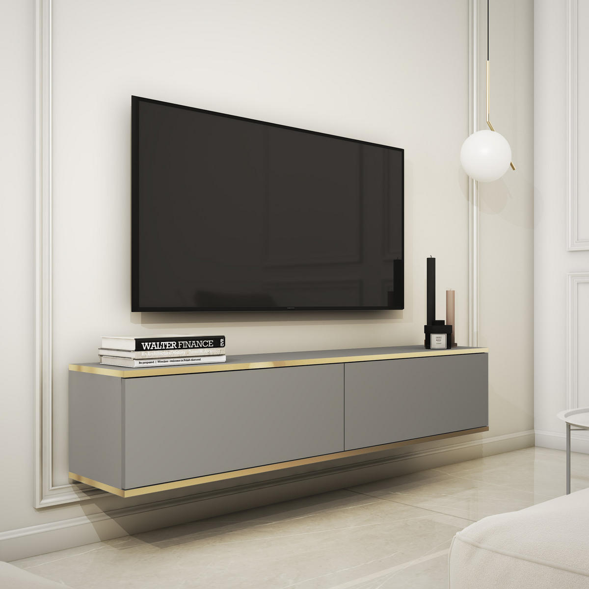 TV-LOWBOARD FORNO (Grau, Goldene Details, 2 Türen, 135 cm) - Grau, Holz/Holzwerkstoff (135/30/32cm) - Ravio