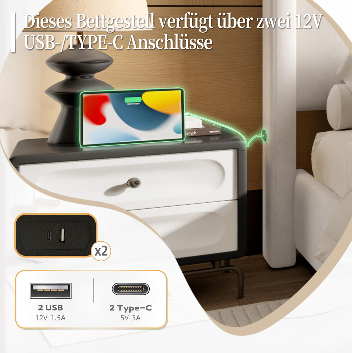 POLSTERBETT 140/200 cm aus Samt mit USB-Anschlüssen und hohem Kopfteil Beige - Beige, Textil (140/200cm) - Modenvie