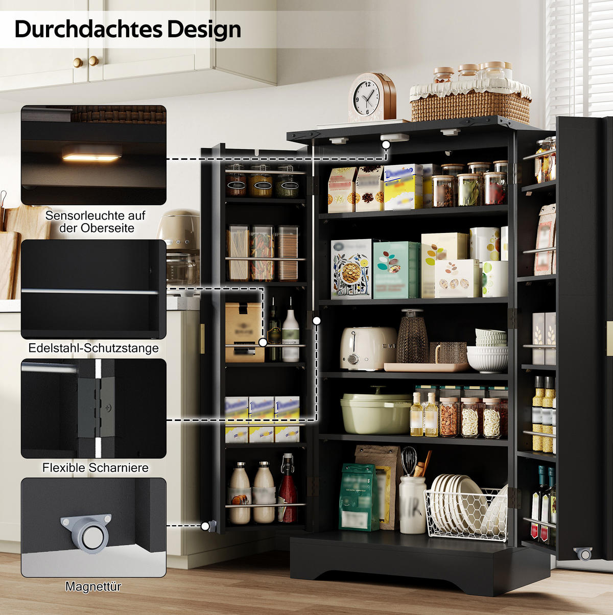 ANRICHTE 120/60,5/40 cm in Schwarz mit LED-Beleuchtung und verstellbaren Böden - Schwarz, Holzwerkstoff (60.5/120/40cm) - Flora Grace
