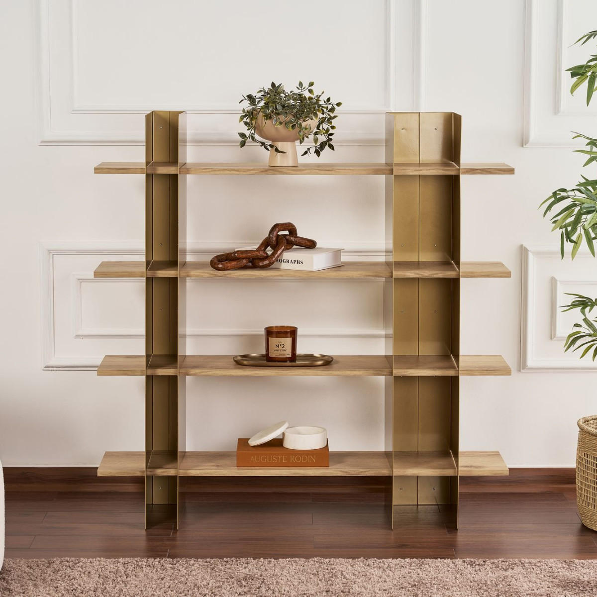 REGAL mit metallstruktur und regalböden in eichenoptik 31/120/120 cm - Goldfarben, Metall (124/120/31cm) - Calicosy