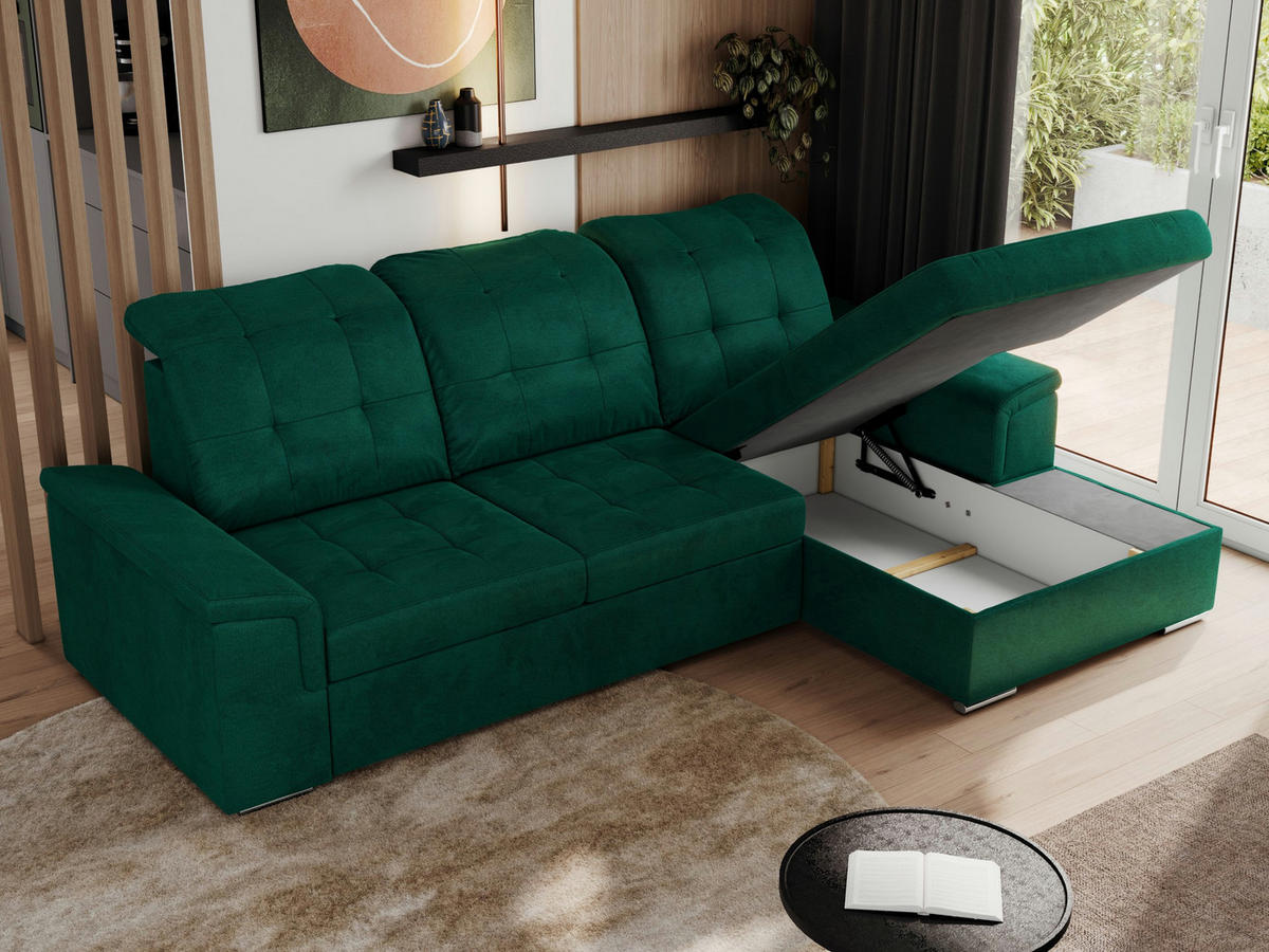 ECKSOFA MADRITO L - Dunkelgrün Velorus - Rechts - Dunkelgrün/Silberfarben, Textil/Metall (256/160cm)