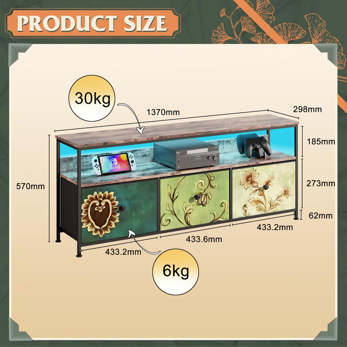 TV-SCHRANK 137 cm mit LED, 3 Stoffschubladen & Offene Fächer - Multicolor, Holz (30/57/137cm)