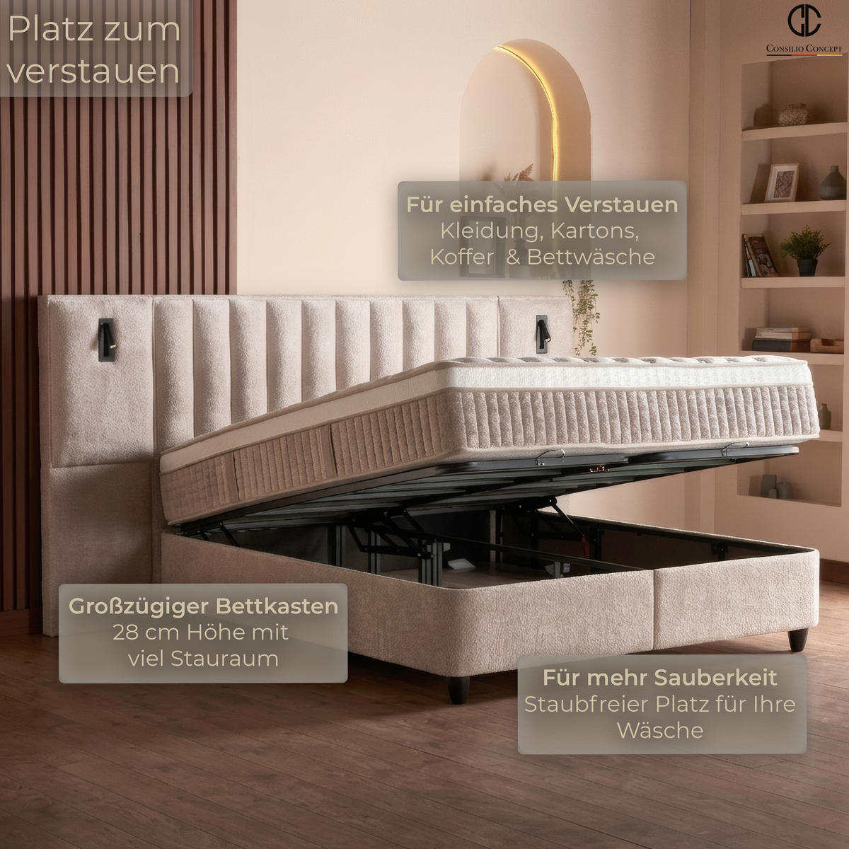 BOXSPRINGBETT MIT BETTKASTEN PALERMO 160/200 cm, Beige, Bettkasten, Matratze, Topper integriert, H3 mittel 7-Zonen Matratze - Creme/Schwarz, Holz/Kunststoff (160/200cm) - Consilio Concept