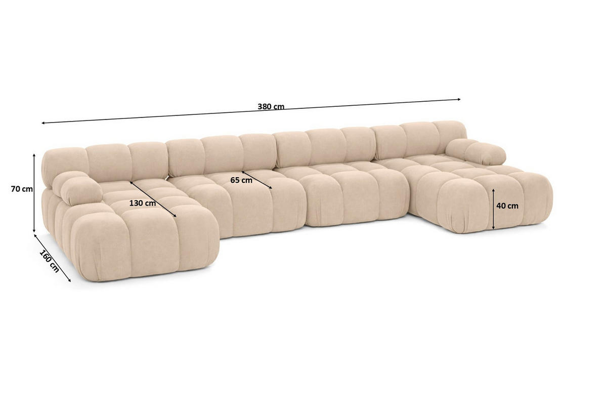ECKSOFA U-Form XL, Stoff Velours Salvador, Beige, Selia U XL - Beige, Holz (380/70/160cm) - Kaiser Möbel