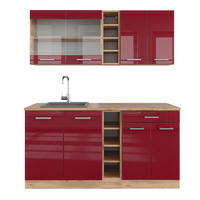 SINGLEKÜCHE R-Line Bordeaux Hochglanz/Goldkraft Eiche 160 cm ohne AP - Bordeaux/Eiche Wotan, Holzwerkstoff (160/81.6/46cm) - Vicco