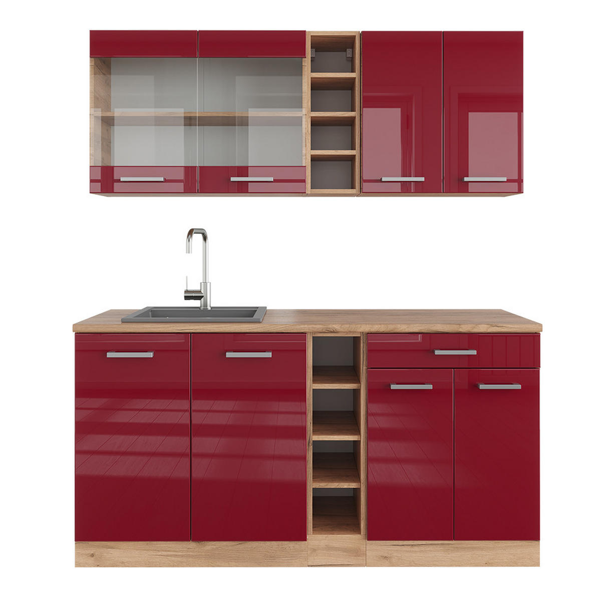 SINGLEKÜCHE R-Line Bordeaux Hochglanz/Goldkraft Eiche 160 cm ohne AP - Bordeaux/Eiche Wotan, Holzwerkstoff (160/81.6/46cm) - Vicco