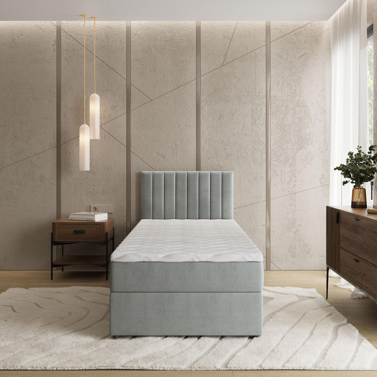 BOXBETT BRESEL 80 80x200 cm mit Matratze und Topper, H2+H3 - Hellgrau - Hellgrau, Holz (80/200cm) - MASSENO