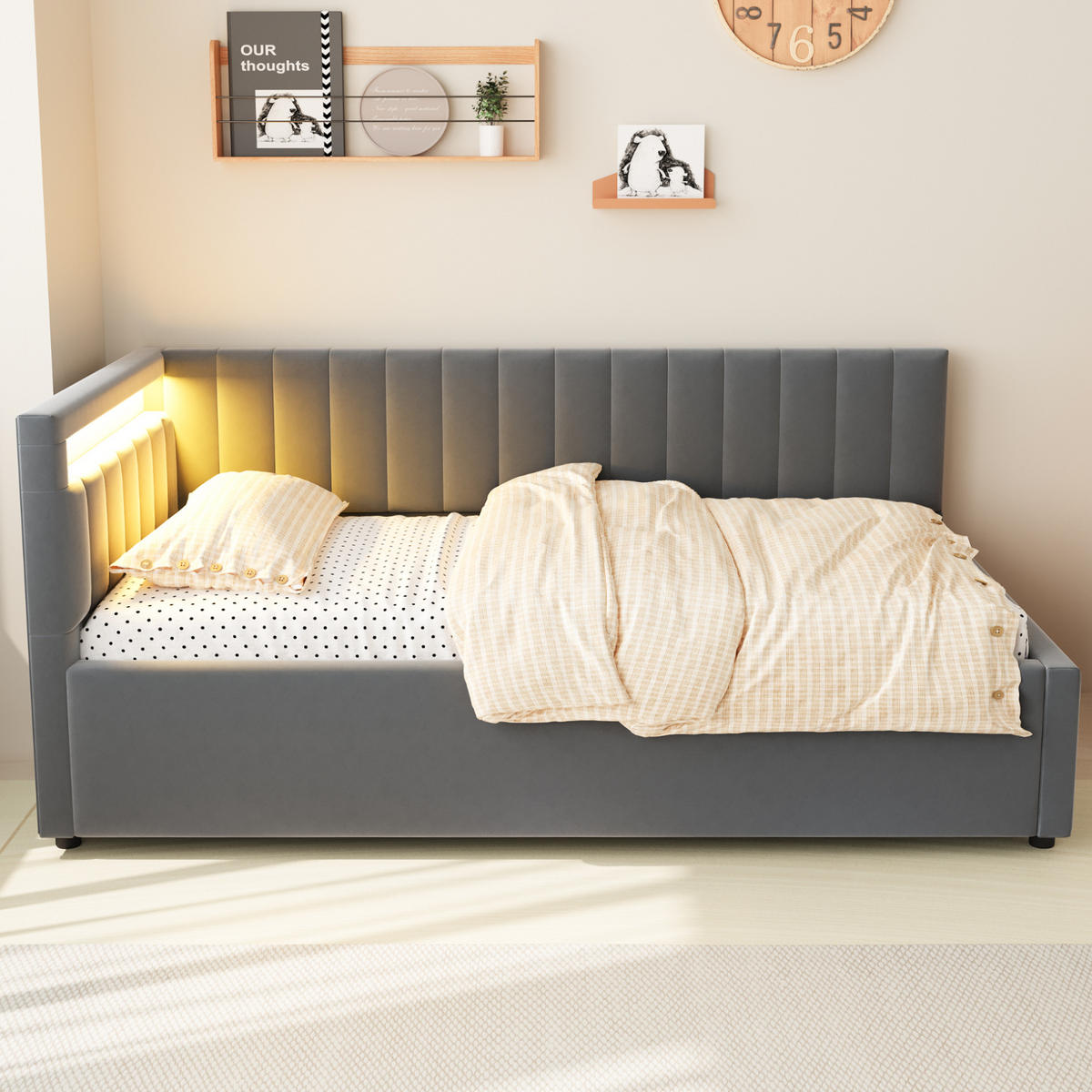 POLSTERBETT aus Samtstoff 90x200 cm Grau mit LED-Beleuchtung, hydraulischem Stauraum und verstellbarem Kopfteil - Grau, Textil (90/200cm) - Modfu