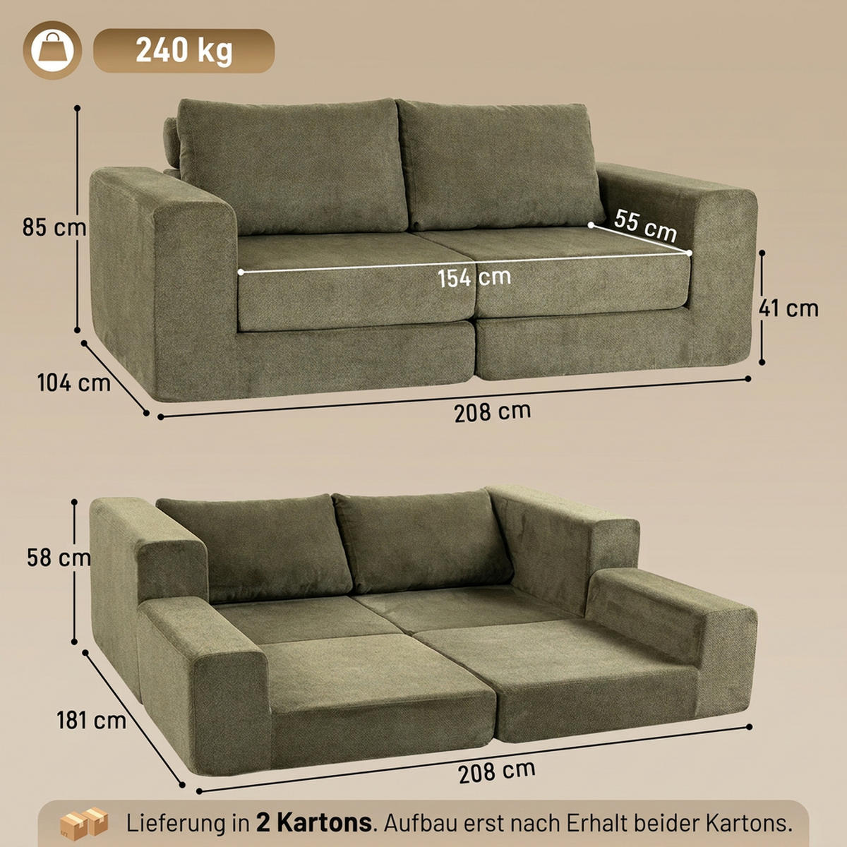 SCHLAFSOFA Polyester Grün - Grün, Textil (181/58/208cm) - HOMCOM