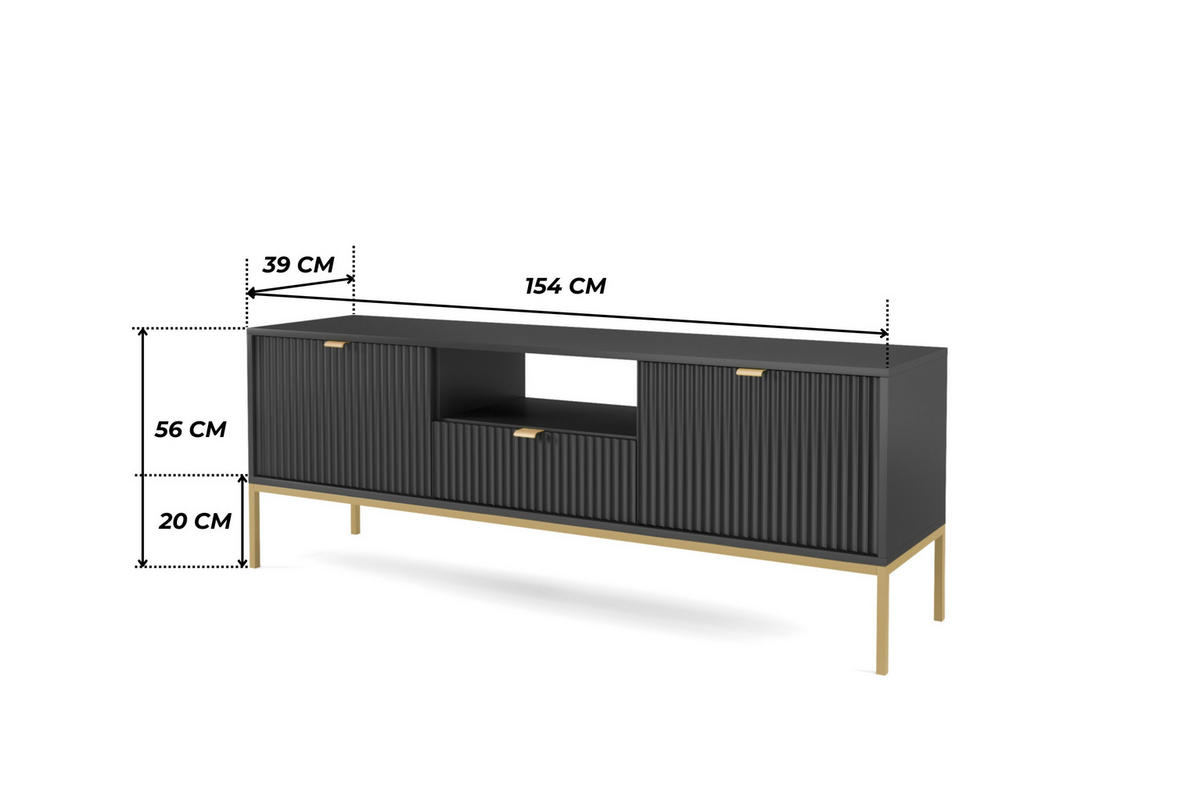SCHWARZES Modernes Geriffeltes TV-Board KIOTO RTV2D1SZ (Gold Gestell, Soft-Close Türen) - Goldfarben/Schwarz, Holz/Holzwerkstoff (154/56/39cm) - Ravio