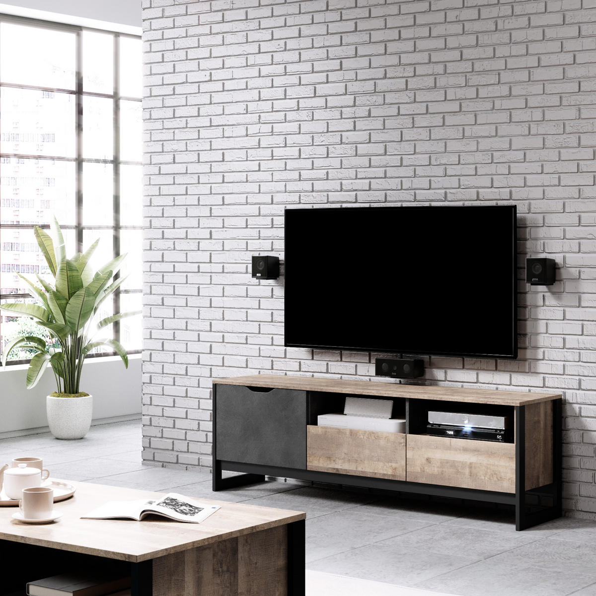 LOWBOARD ARDENTE 161x39,6x53 cm mit 2 Schubladen und 1 Türen Eichefarben - Eichefarben/Grau, Holzwerkstoff (161/53/39.6cm) - MASSENO