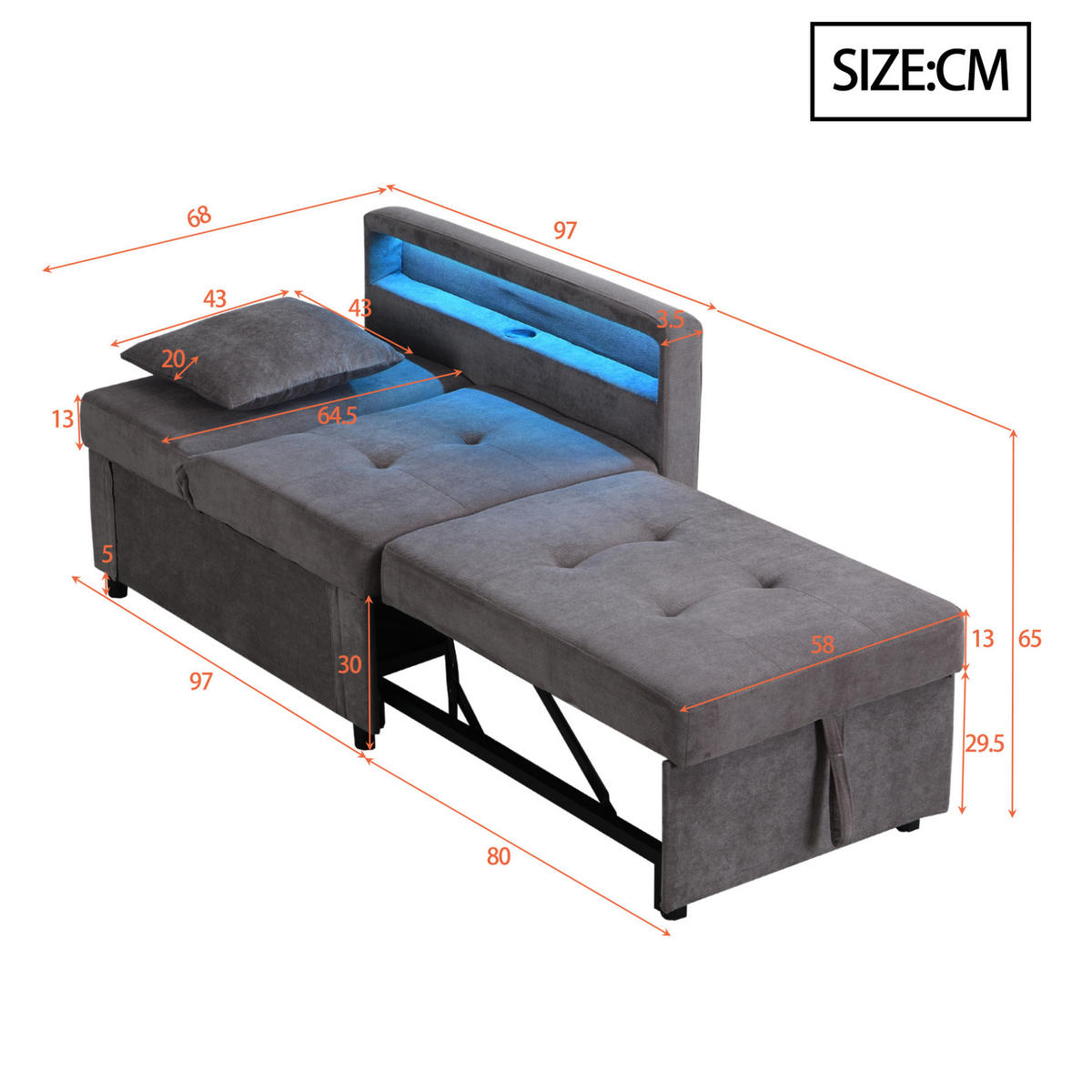 SCHLAFSOFA 3-in-1 177 x 68 x 65 cm Leinen Dunkelgrau - Dunkelgrau, Metall (68/65/177cm) - Meubliv