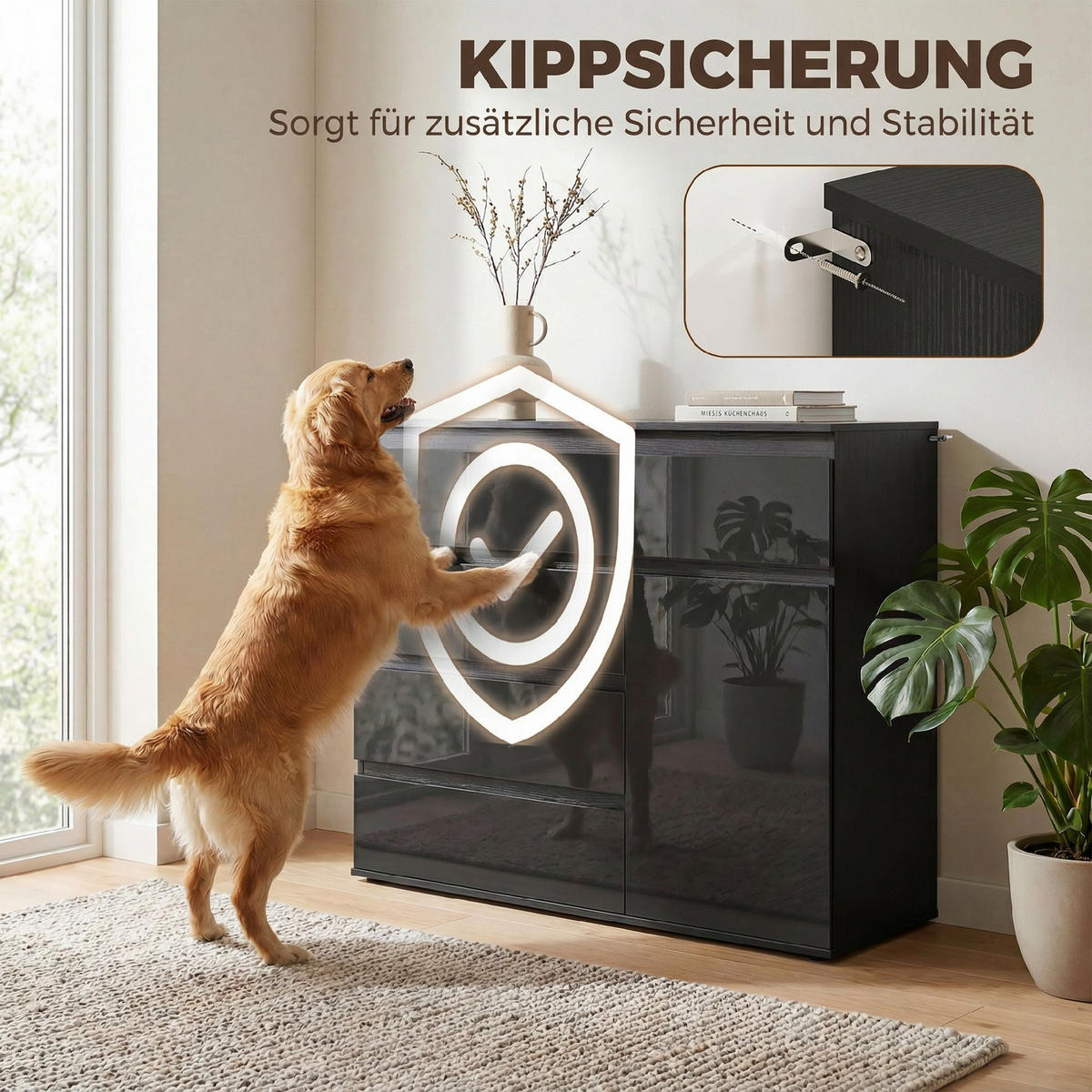 SIDEBOARD Schwarz Hochglanz mit 5 Schubladen und Soft-Close-Tür - Schwarz, Holzwerkstoff (100/80/40cm) - PANGIVO