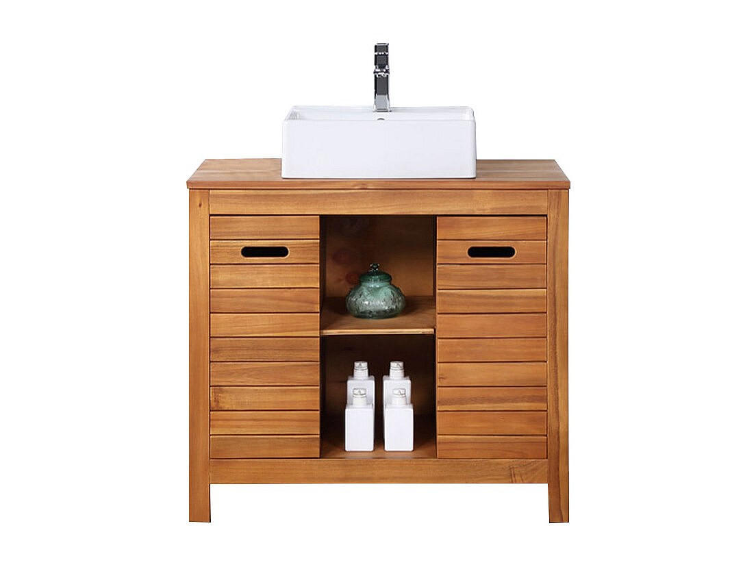 EINZELWASCHTISCH - 90 cm x 50 cm - Keramik, Holz, Platte - Naturfarben Dunkel - PULUKAN - Naturfarben, Keramik/Holz (90/83/50cm) - Vente-Unique