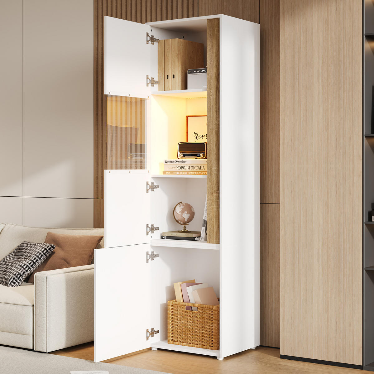 VITRINE LED Acryl Tür 2 Türen Weiß Natur 179cm - Multicolor, Holzwerkstoff (50/179/40cm) - FLIEKS