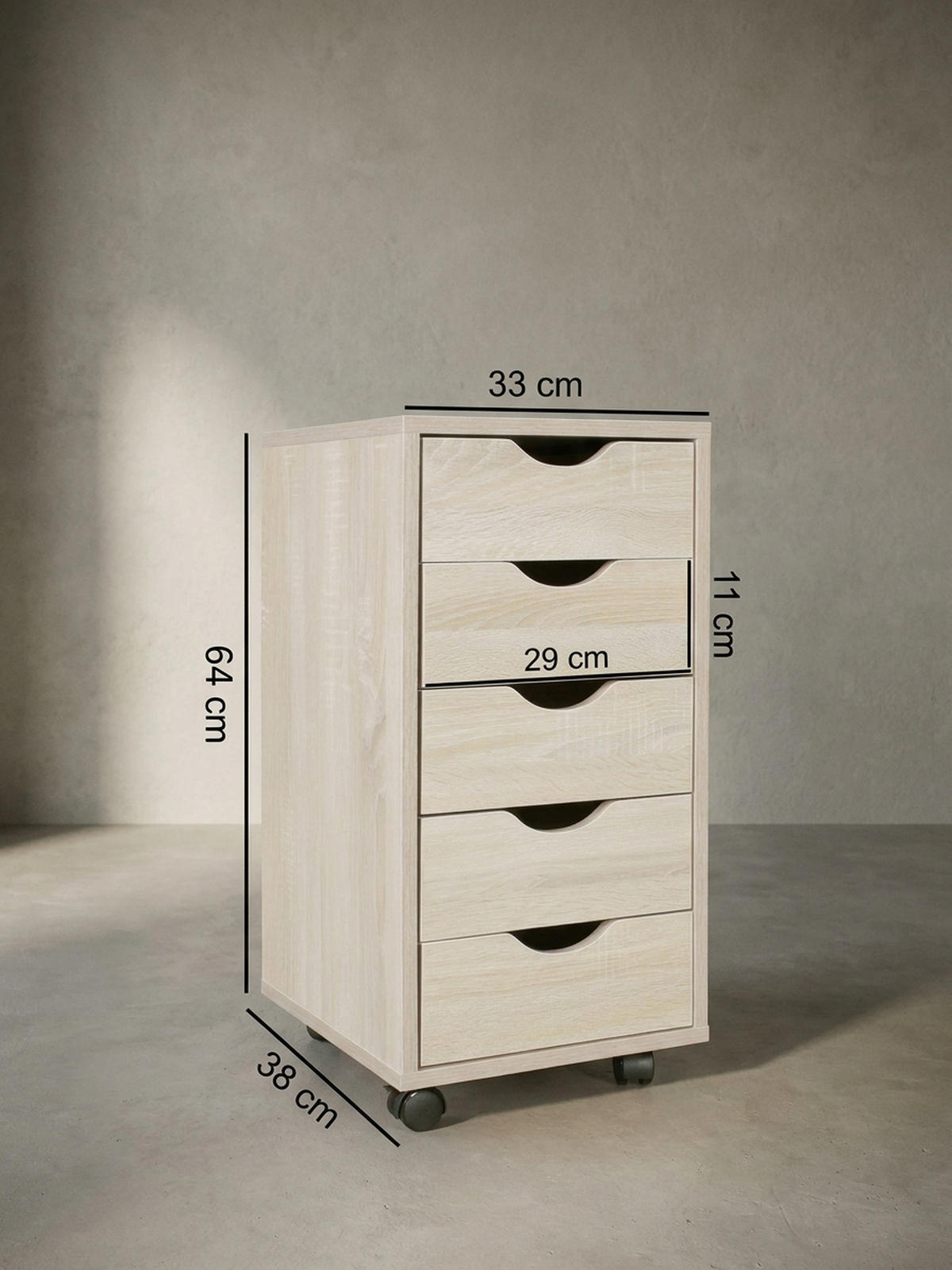 ROLLCONTAINER – MDF-Holz, Sonoma, 5 Schubladen, Rollen, für Büro oder Wohnzimmer - Beige/Schwarz, Holz/Kunststoff (38/64/33cm) - KADIMA DESIGN