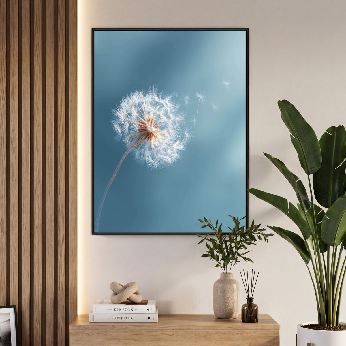 LEINWAND Bilder mit Rahmen - Löwenzahn - Wind - Blau - 70x100 - Blaugrau, Textil (70/100cm) - MuchoWow