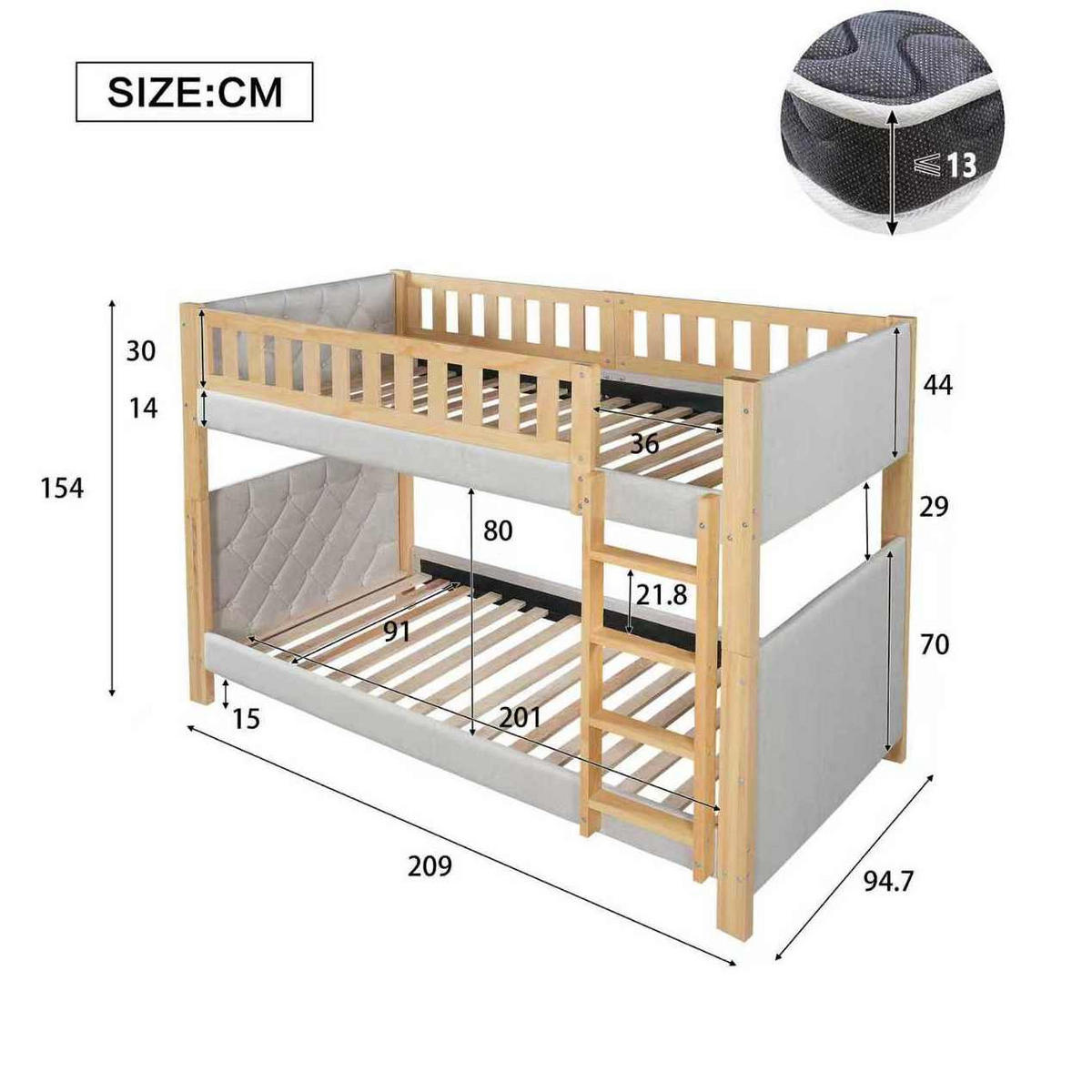 ETAGENBETT aus Kautschukholz und MDF 90x200 cm Grau/Natur mit 4-stufiger Treppe - Grau, Holzwerkstoff (90/200cm) - IVMEU