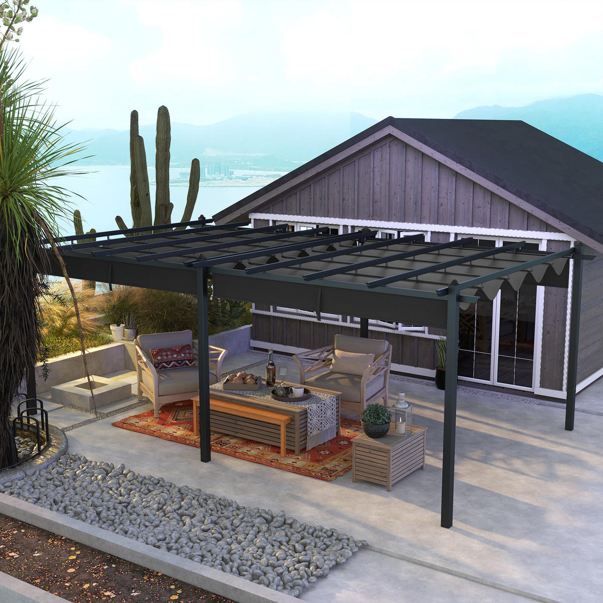 PERGOLA DE-12598 350/600 cm ausziehbar mit Alurahmen Dunkelgrau - Dunkelgrau, Metall (358/223/597cm) - ComfortXL