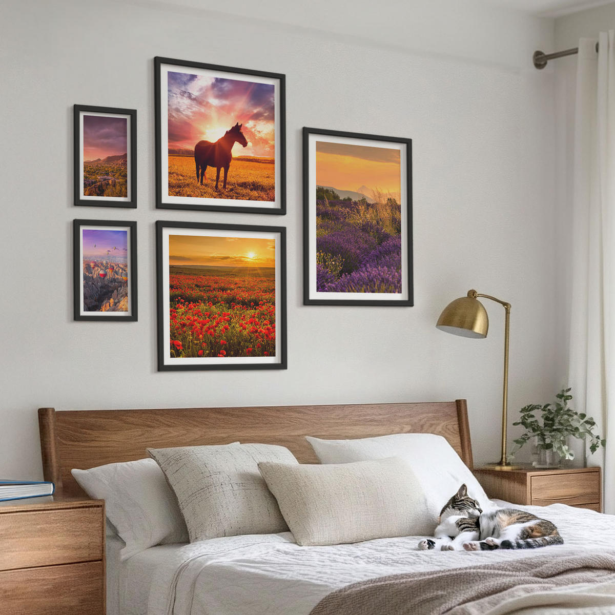 BILDER SET 5er Set - 50x50 cm & 20x30 cm & 40x60 cm Schwarzer Rahmen - Berglandschaft Rosslavendel - Schwarz, Kunststoff (40/60cm) - TULUP